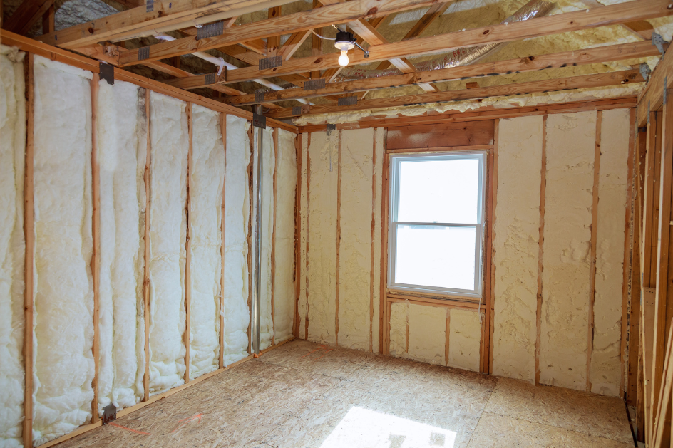 Fiberglass attic insulation installed in an attic.